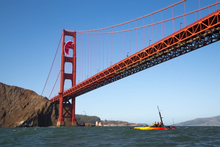 Kiteboat gliding alongside the Golden Gate